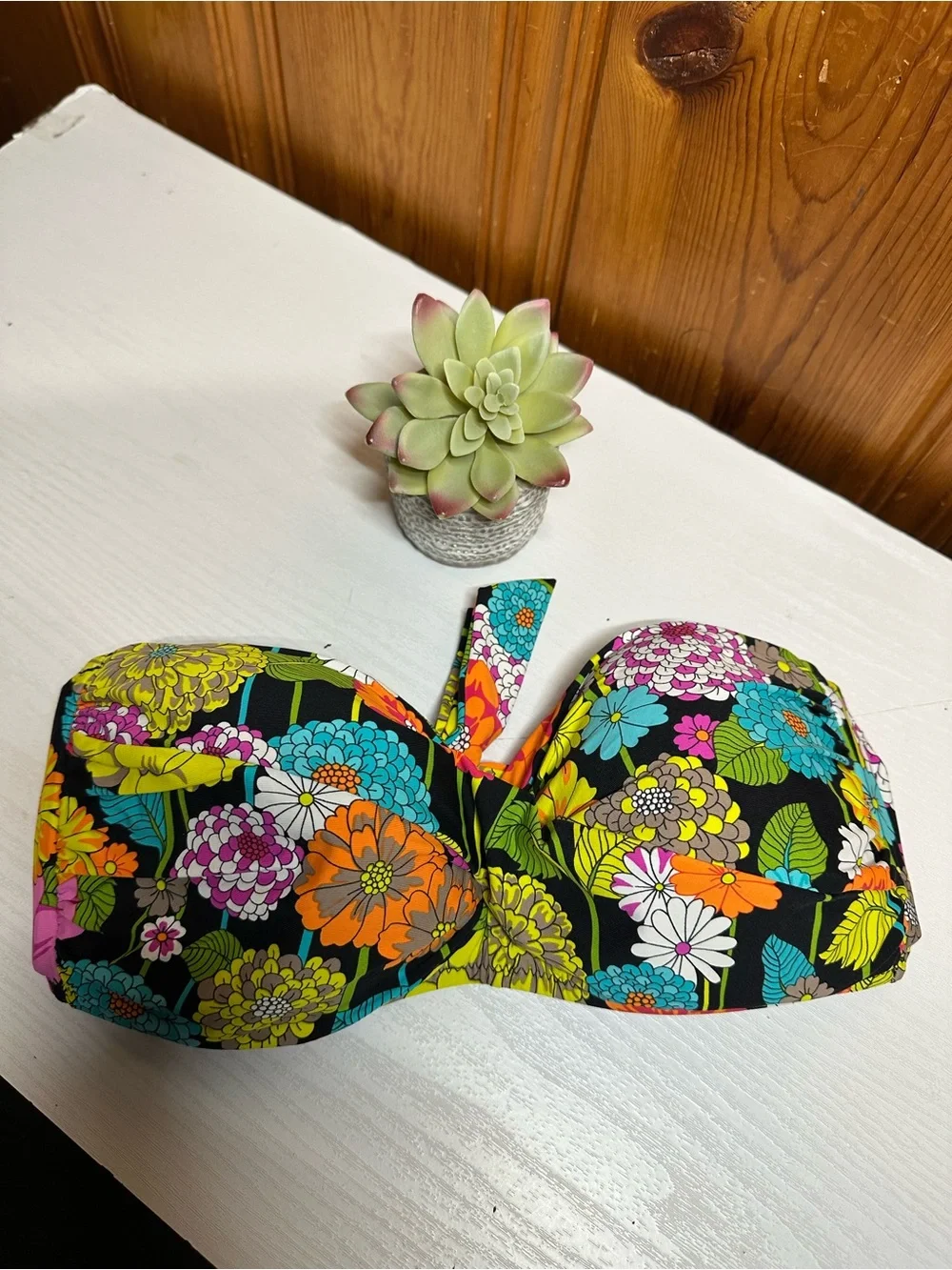 Trina Turk Black Floral Bandeau Swim Top with Multicolor Blooms